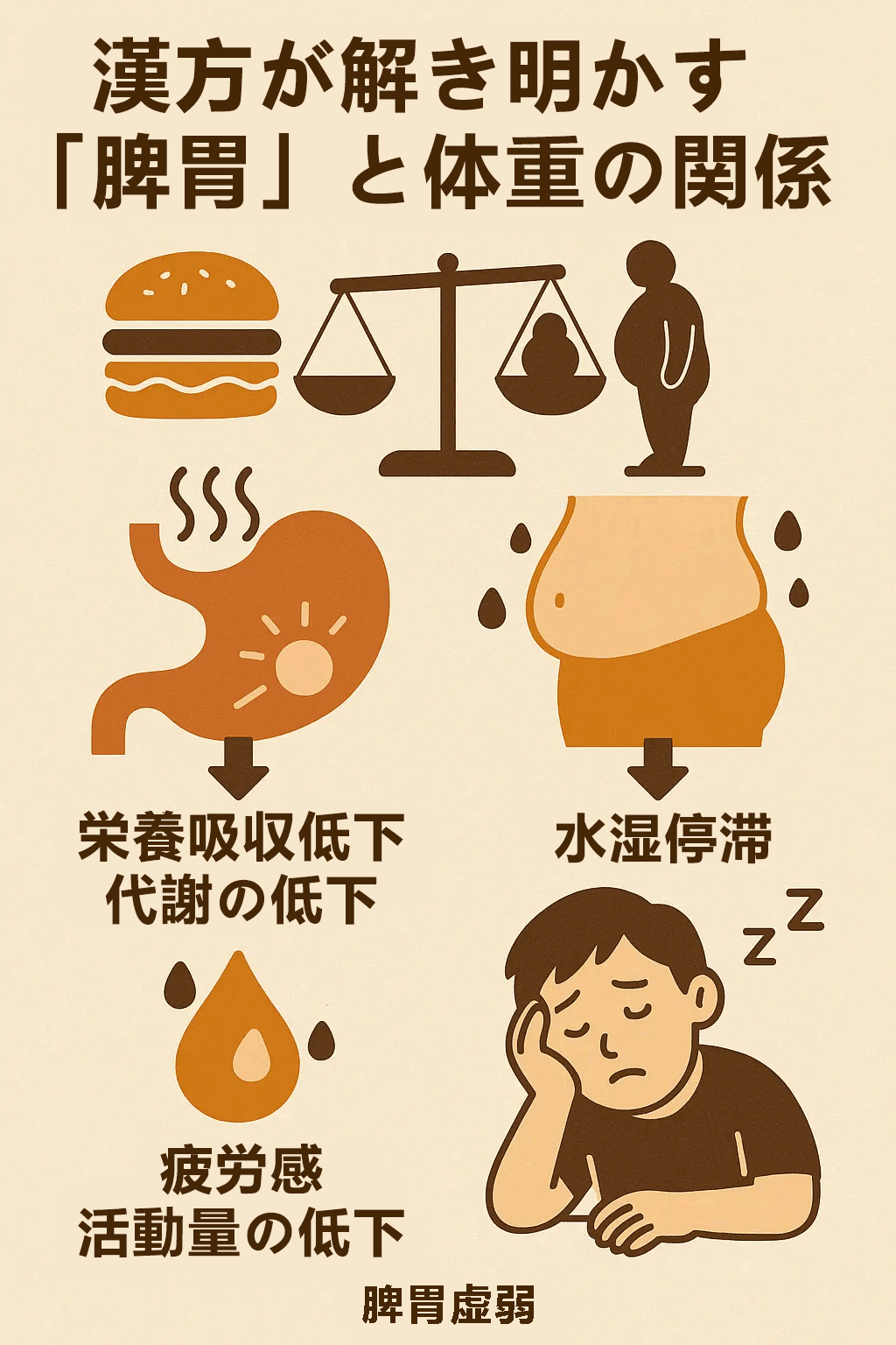 脾胃虚弱のメカニズムを図解。食べたものがうまくエネルギーにならず、「水湿」や「脂肪」として溜まってしまう様子をシンプルに示すと分かりやすい